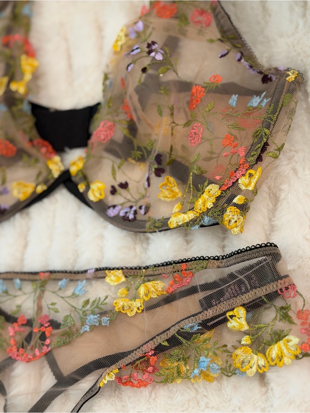 Victoria’s Secret Sheer Embroidered Floral Lace Bra & Thong set 
“ Secret Garden